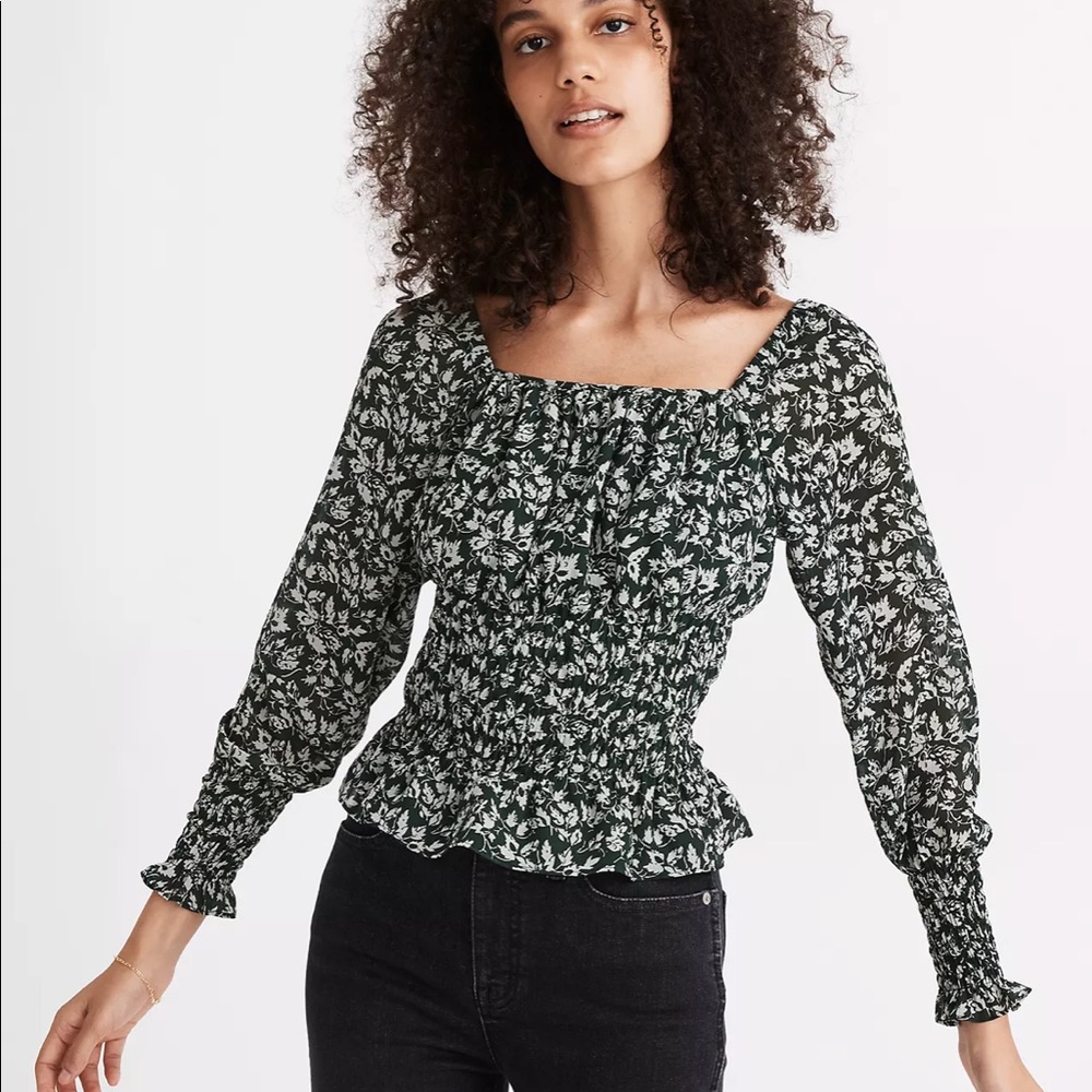 NWT Madewell Georgette Square-Neck Smock-Waist Top